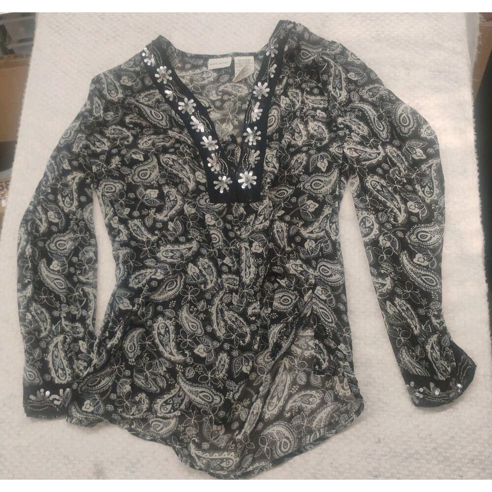 White Stag Women's Small Black Paisley Sheer Sequin V-Neck Tunic Blouse Top Boho